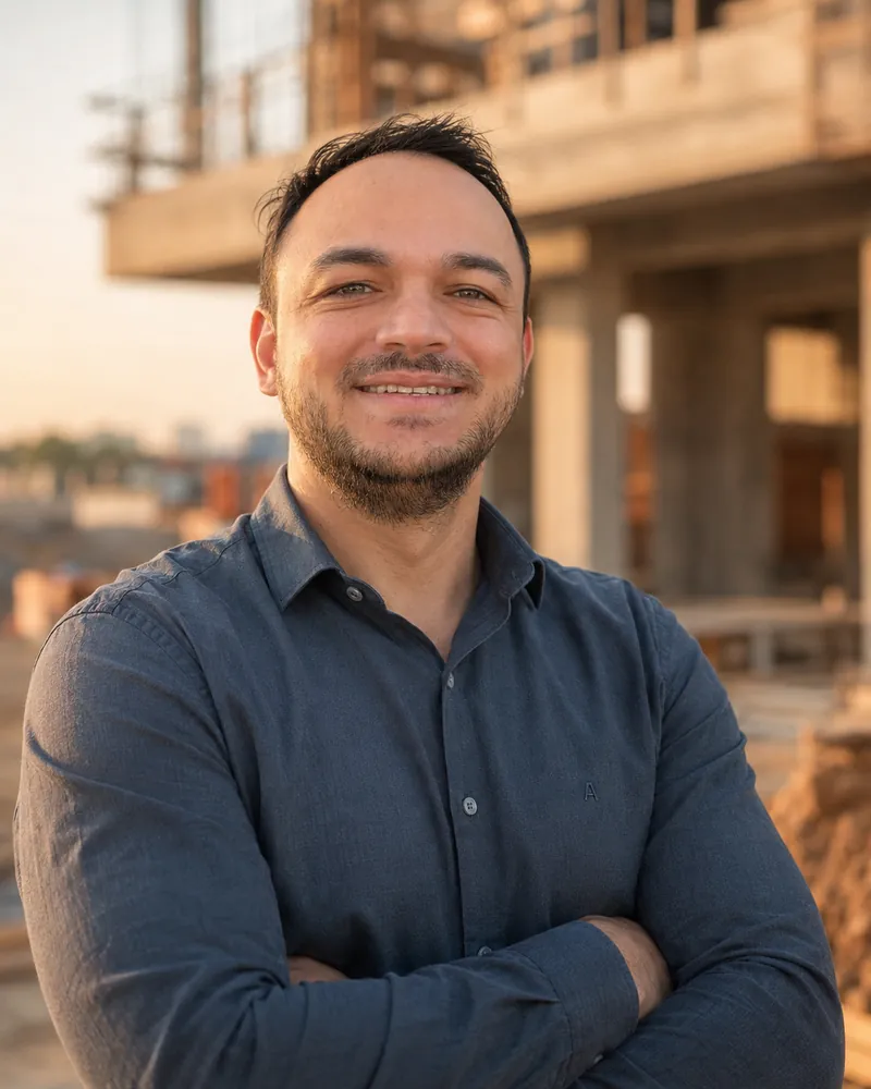 Lucas Nunes, engenheiro civil, em pé num canteiro de obras ao entardecer